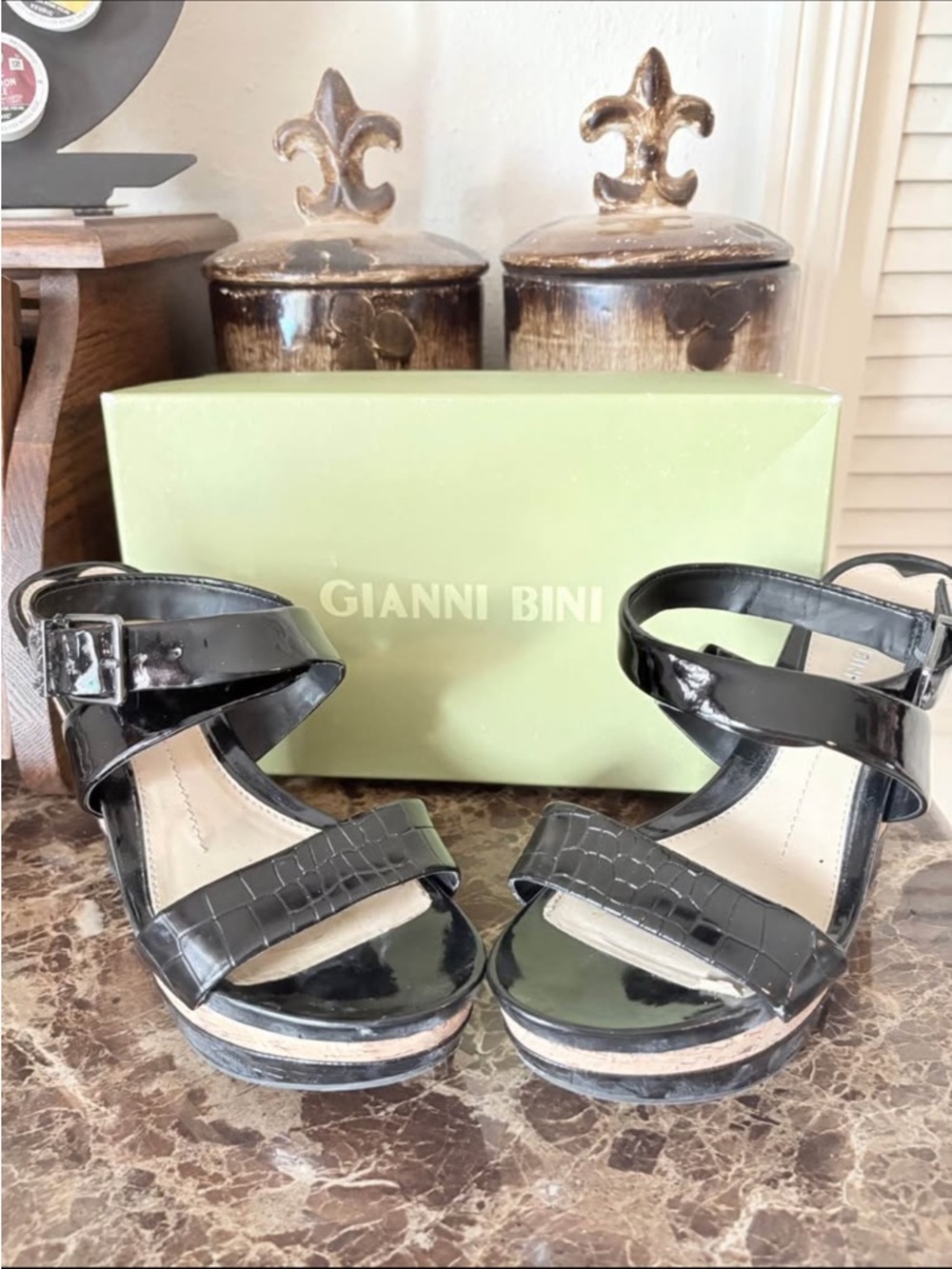Gianni Bini Black Patent Croc-Accent Platform Sandals